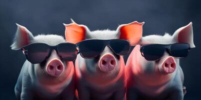 Trois porc avec des lunettes de soleil sur foncé Contexte. produire ai photo