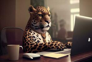 portrait de un anthropomorphe jaguar comme une développeur dans le bureau. produire ai. photo