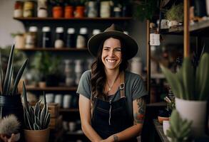 petit affaires propriétaire souriant dans sa plante magasin . produire ai. photo