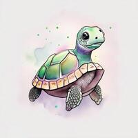 une mignonne illustration de une bébé ancien aquarelle tortue. produire ai photo