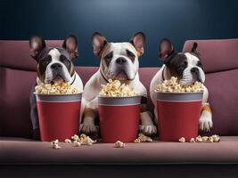 Trois français bouledogue avec pop corn en train de regarder une film dans cinéma. produire ai photo