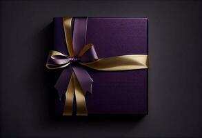cadeau boîte foncé violet avec or ruban arc sur haut, foncé texturé Contexte. produire ai. photo