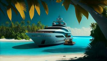 luxe yacht amarrage sur une paradis plage avec turquoise des eaux et paume des arbres . produire ai photo