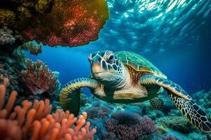 mer tortue nager dans le en dessous de mer , magnifique sous-marin et coloré corail dans sauvage la nature de le pacifique océan. produire ai photo
