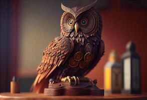 fermer de un hibou statue séance sur Haut de une en bois tableau, une 3d le rendu, cinétique art, steampunk. produire ai photo