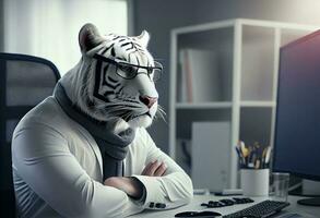 portrait de un anthropomorphe blanc tigre comme une développeur dans le bureau. produire ai. photo