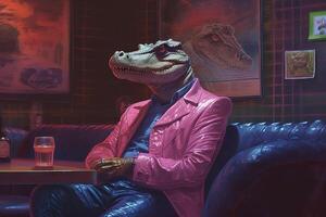 crocodile rose bandit dans néon bar illustration génératif ai photo