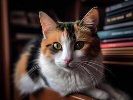 le curieuse calicot chat peering de une étagère à livres photo