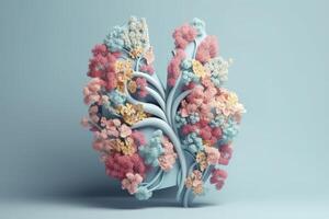 Humain poumons avec fleurs, pastel couleurs, sur bleu arrière-plan, 3d rendre et illustration, ai génératif photo