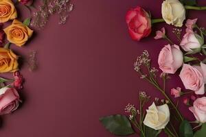 des roses fleur arrangement, copie espace, plat allonger , produire ai photo