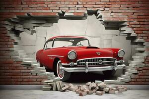 3d mural fond d'écran cassé mur briques et une classique rouge auto. monde carte dans une coloré Contexte. pour enfants et des gamins lit pièce fond d'écran, produire ai photo