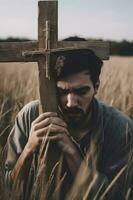 Jésus Christ crucifié sur le traverser à calvaire colline, produire ai photo