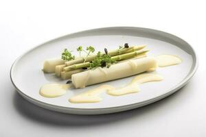 moderne style traditionnel à la vapeur blanc asperges avec guéri jambon et Hollandaise sauce servi comme Haut vue sur une nordique conception assiette avec copie espace, produire ai photo