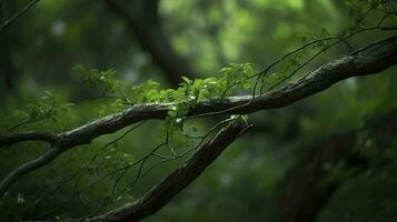 Terre journée et monde environnement jour, printemps, tropical arbre feuilles et branche avec magnifique vert forêt arrière-plan, produire ai photo