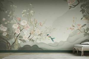 3d floral mural fond d'écran avec une lumière Facile Contexte. branches de fleurs, herbes, des oiseaux, et montagnes. moderne art pour mur Accueil décor, produire ai photo