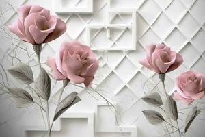 3d classique fond d'écran. Rose fleurs sur une lumière gris Contexte avec carrés et ondulé formes. pour mur Accueil décor, produire ai photo