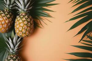 Haut vue de Frais ananas avec tropical feuilles sur pastel Orange Contexte. , produire ai photo