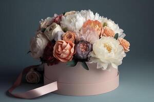 fleurs dans rond luxe présent boîte. bouquet de pivoines et des roses dans papier boîte. maquette de chapeau boîte de fleurs. intérieur décoration dans dans pastel couleurs. ai généré image photo