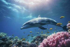 dauphins nager dans le sous-marin, magnifique sous-marin et coloré corail dans le sauvage la nature de le pacifique océan, produire ai photo