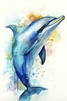 mignonne sauter bébé dauphin aquarelle illustration, produire ai photo