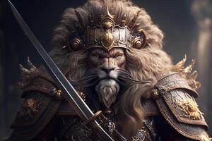 portrait de une courageux Lion dans armure et avec une épée sur une foncé Contexte. génératif ai photo