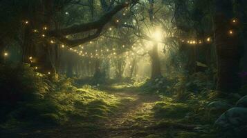 fantaisie magique enchanté Fée conte paysage, fabuleux Conte de fée jardin. mystérieux Contexte et embrasé dans nuit, magique fantaisie Fée conte paysage, nuit dans une forêt, produire ai photo