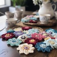 crochet fleurs sur une table ai généré photo