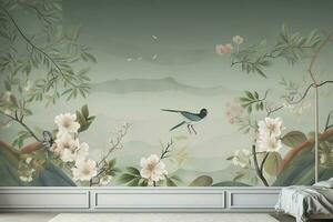 3d floral mural fond d'écran avec une lumière Facile Contexte. branches de fleurs, herbes, des oiseaux, et montagnes. moderne art pour mur Accueil décor, produire ai photo