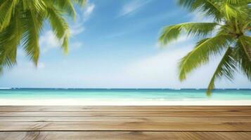 vide en bois table sur une magnifique brouillé tropical plage Contexte. été vacances Contexte pour produit afficher, produire ai photo
