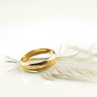 deux d'or mariage anneaux et plume - lumière doux Contexte , générer ai photo