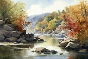 tranquille Montagne scène aquarelle peinture. l'automne couleurs sur blanc Contexte , produire ai photo