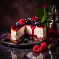crémeux cheesecake avec rouge baies ai généré photo