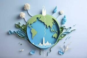 papier art , environnement protection et enregistrer Terre l'eau , écologie et monde l'eau journée , économie l'eau et monde environnement journée , produire ai photo