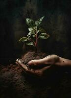 une enfant en portant une plante dans leur mains avec une vert Contexte et lumière du soleil brillant par le feuilles sur le usine, produire ai photo