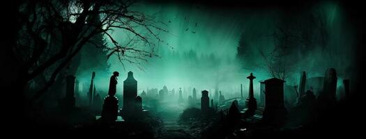 une Halloween cimetière et cimetière avec une plein lune, dans le style de foncé turquoise et lumière vert, fabriqué de brume, captivant, exigeant précision, Halloween, produire ai photo