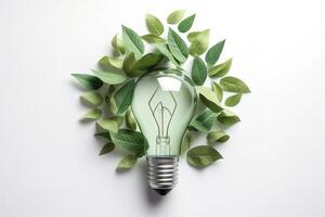respectueux de la nature ampoule de Frais feuilles Haut voir, concept de renouvelable énergie et durable vie, établi avec génératif ai La technologie photo