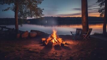 feu de camp près le lac. illustration ai génératif photo