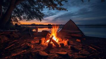 feu de camp près le lac. illustration ai génératif photo