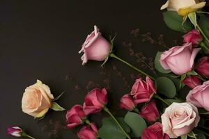 des roses fleur arrangement, copie espace, plat allonger , produire ai photo