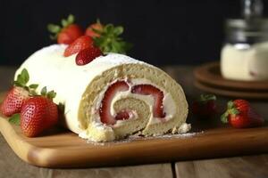 délicieux gâteau rouleau avec des fraises et crème sur en bois conseil, fermer, produire ai photo
