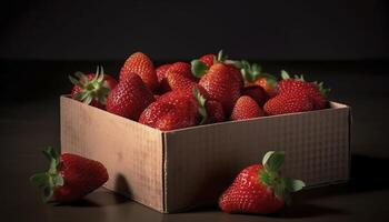 Frais mûr des fraises fermer. des fraises, fraise des fruits dans papier boîte sur foncé arrière-plan, sélectif se concentrer. ai généré image photo