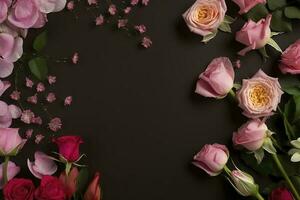 des roses fleur arrangement, copie espace, plat allonger , produire ai photo