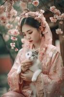 une mignonne fille avec miniature chaton dans une magnifique chinois robe, châle mariage robe, mousseline de soie matériel, sol - longueur jupe avec broderie et dentelle, produire ai photo