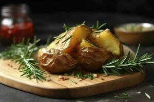 savoureux cuit Patate et aromatique Romarin servi sur en bois conseil, fermer, produire ai photo