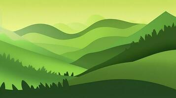 forêt dans le montagnes. nuances de vert. vecteur illustration. adapté pour site Internet, social médias, bureau, fonds d'écran, cartes postales, produire ai photo