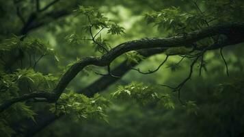 Terre journée et monde environnement jour, printemps, tropical arbre feuilles et branche avec magnifique vert forêt arrière-plan, produire ai photo