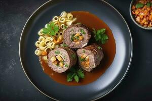 traditionnel lent cuit allemand wagyu du boeuf roulades avec gnocchetti sarde nouilles dans une épicé sauce comme une Haut vue sur une nordique conception assiette avec copie espace sur le droite, produire ai photo