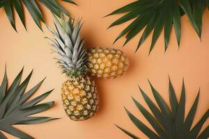 Haut vue de Frais ananas avec tropical feuilles sur pastel Orange Contexte. , produire ai photo