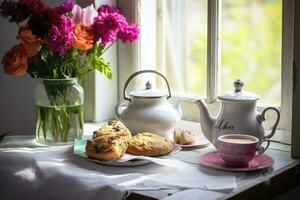 une de la mère journée arrangement avec thé et scones dans de face de une brillant fenêtre, produire ai photo