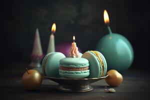 sucré coloré anniversaire petits gâteaux et bougie , génératif ai photo